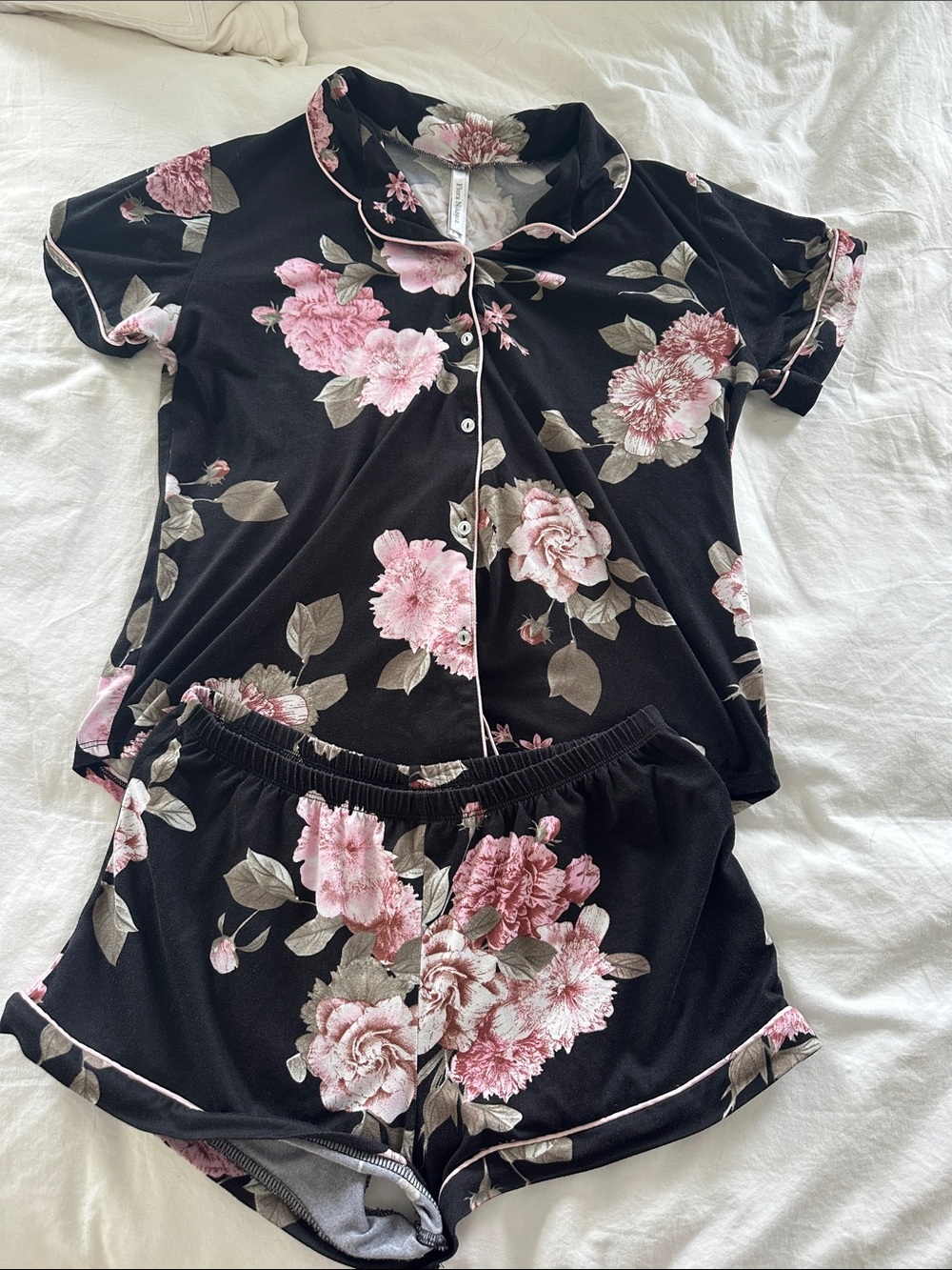 Flora Nikrooz Black Floral Short Pajama Set with Pink Flowers